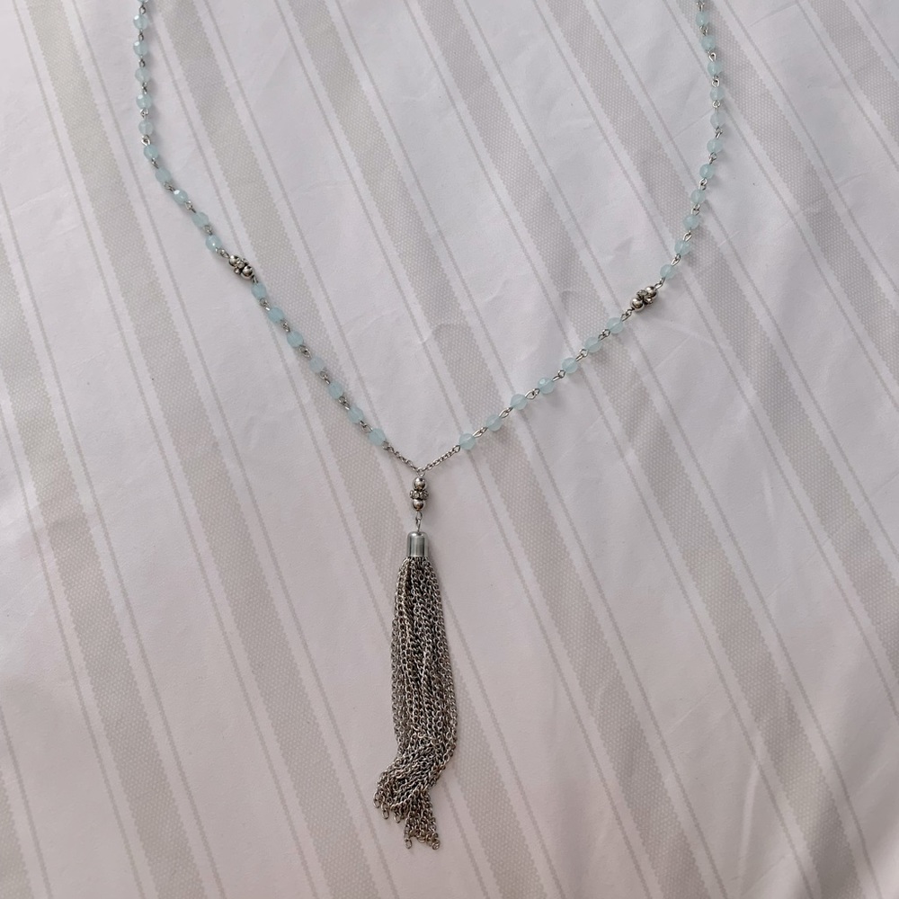 Long Blue & Silver Beaded Necklace